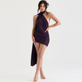 Glossy Satin Sleeveless Draped Detail Backless Party Mini Dress - Purple